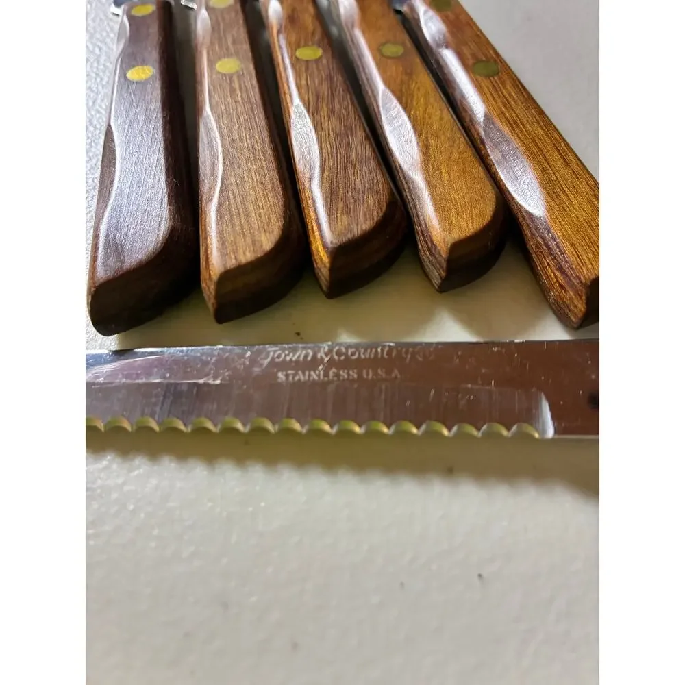 Vintage Town & Country Washington Forge 6 Steak Knives Wood Wall Rack Set USA